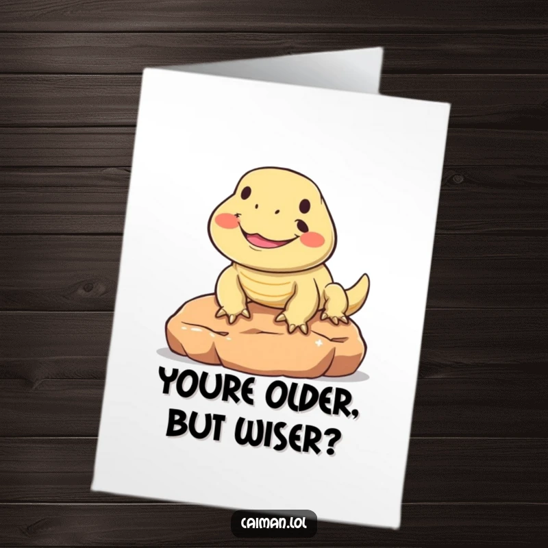 Funny Free Printable Birthday Card: A round, smiling reptile basks happily on a warm stone, radiating pure birthday joy.