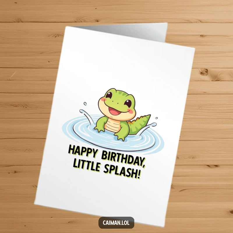 Funny Free Printable Birthday Card: Cute reptile with a wide grin splashing in a puddle, ideal for a funny DIY gift.