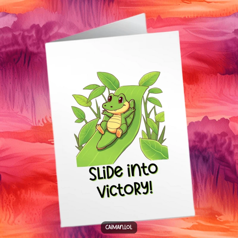 Funny free printable congratulations card showing a caiman playfully sliding down a green leafy slide, celebrating success.