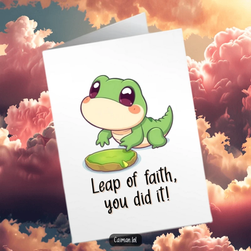 Funny Free Printable Congratulations Card: A chubby stylized reptile lunging playfully towards a lily pad, perfect for a DIY celebration.