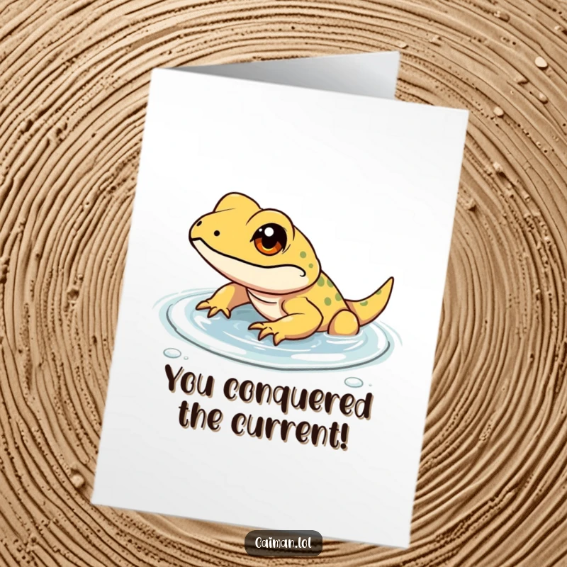 Funny Free Printable Congratulations Card: A determined small reptile with a gleam in its eye wades purposefully through shallow, clear water.