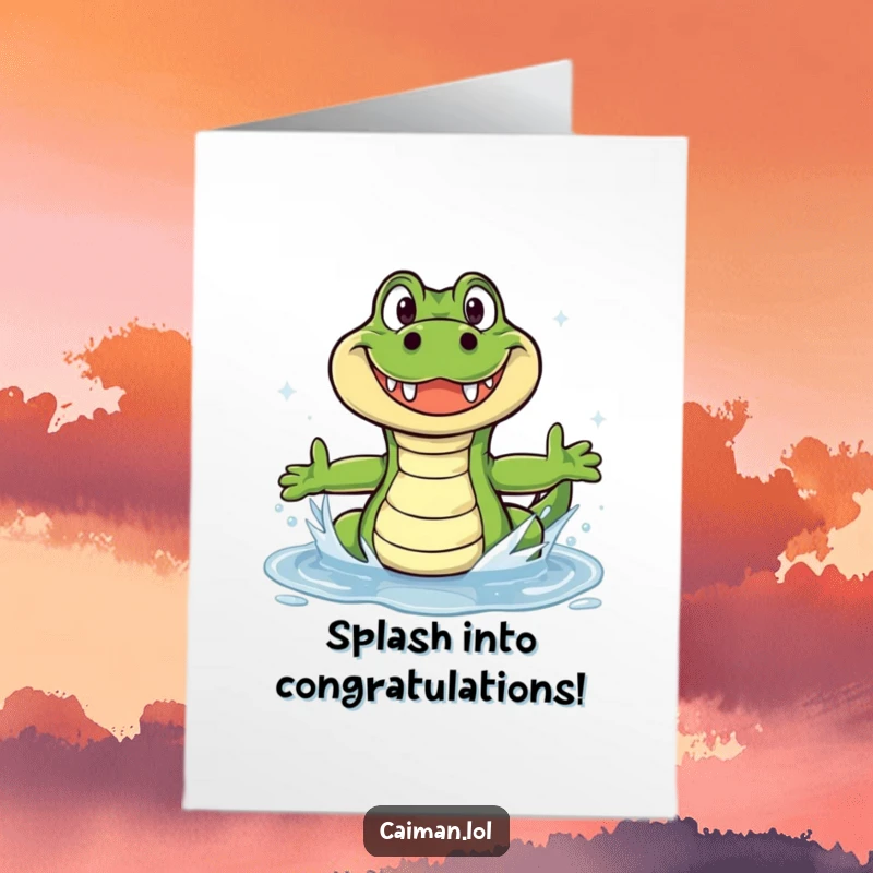 Funny free printable congratulations card with a wide-grinned caiman splashing in a puddle, celebrating a big win.
