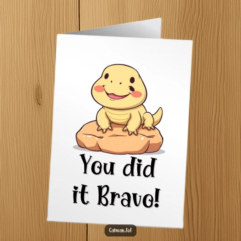 Funny Free Printable Congratulations Card: A round, smiling reptile with an upturned snout basks happily, perfect for celebrating success.