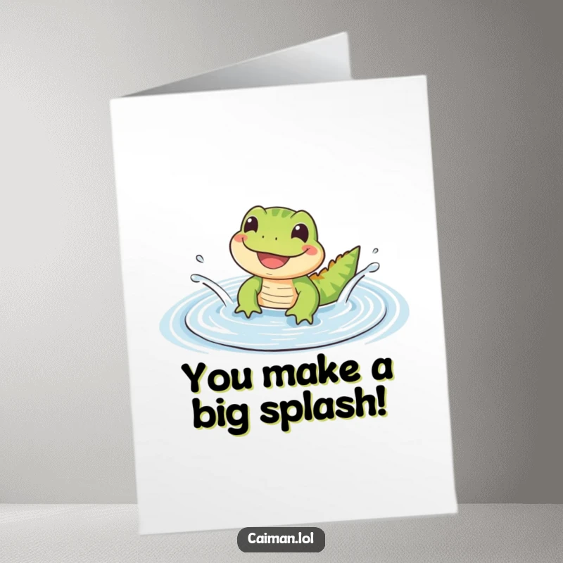 Funny Free Printable Congratulations Card: A cute reptile happily grinning while splashing in a puddle, perfect for a DIY celebration.