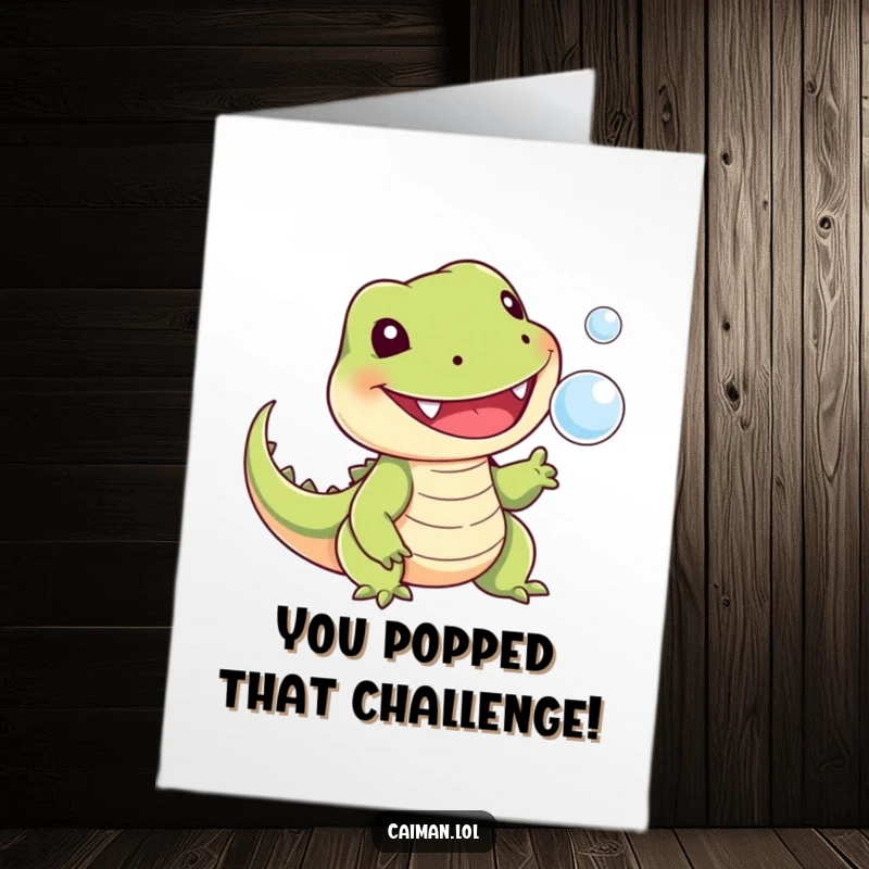 Funny Free Printable Congratulations Card: A cheerful reptile with a stubby tail playfully snaps at a tiny, floating bubble, celebrating achievements.