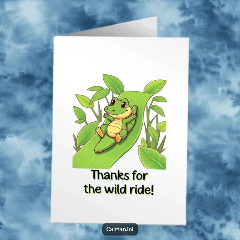 Funny free printable thank you card with a caiman playfully sliding down a green leafy slide, expressing thanks.