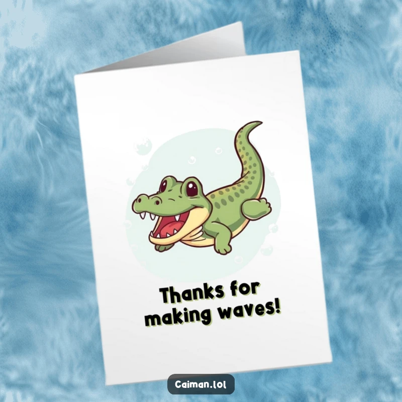 Funny Free Printable Thank You Card: A caiman with a joyful wiggle swimming happily in bubbly water, perfect gift.