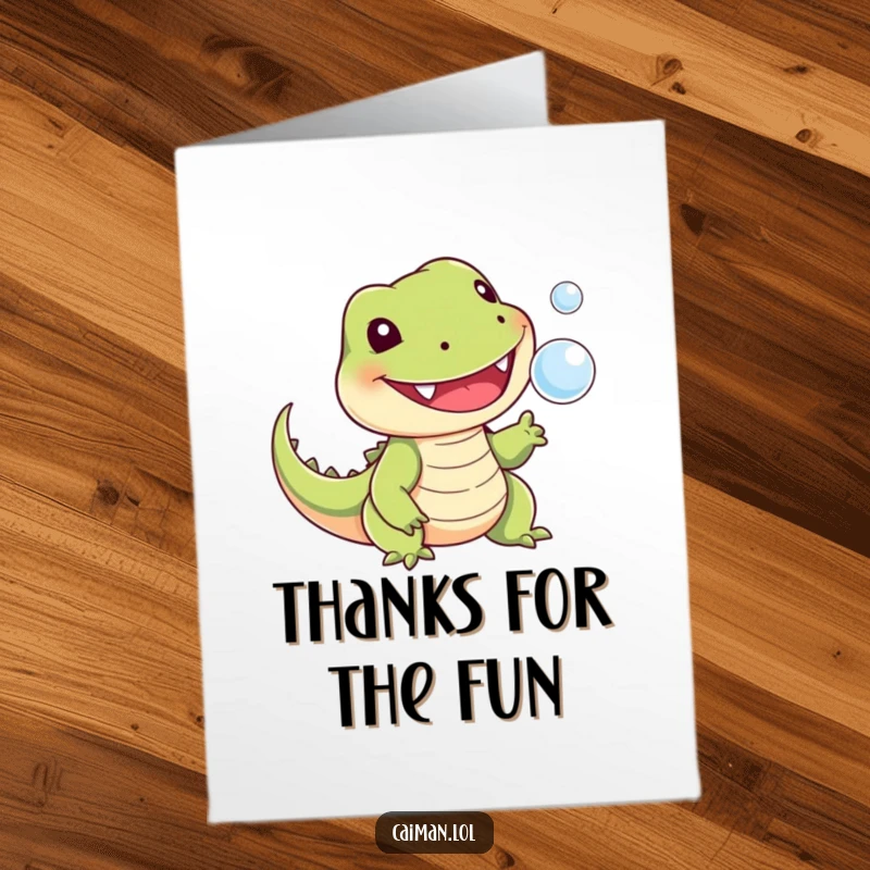 Funny Free Printable Thank You Card: A cheerful reptile with a stubby tail playfully snaps at a tiny floating bubble, sending thanks.