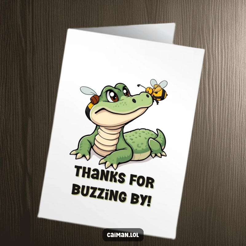 Funny Free Printable Thank You Card: Caiman curiously observing a bee, a unique downloadable way to say thanks.