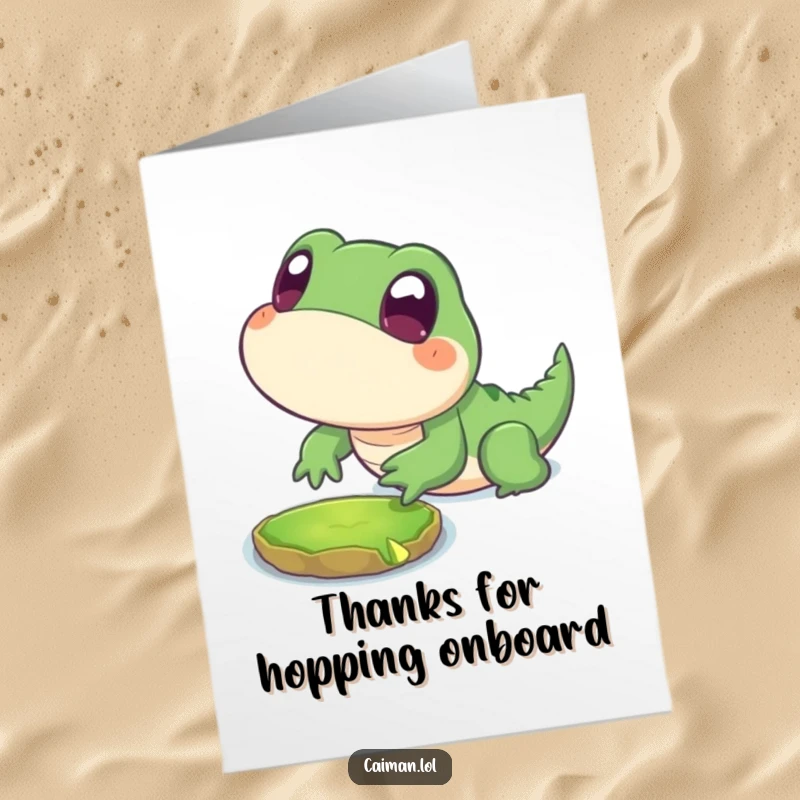 Funny Free Printable Thank You Card: Stylized chubby reptile with innocent eyes playfully lunging at a lily pad, a charming DIY thank you.