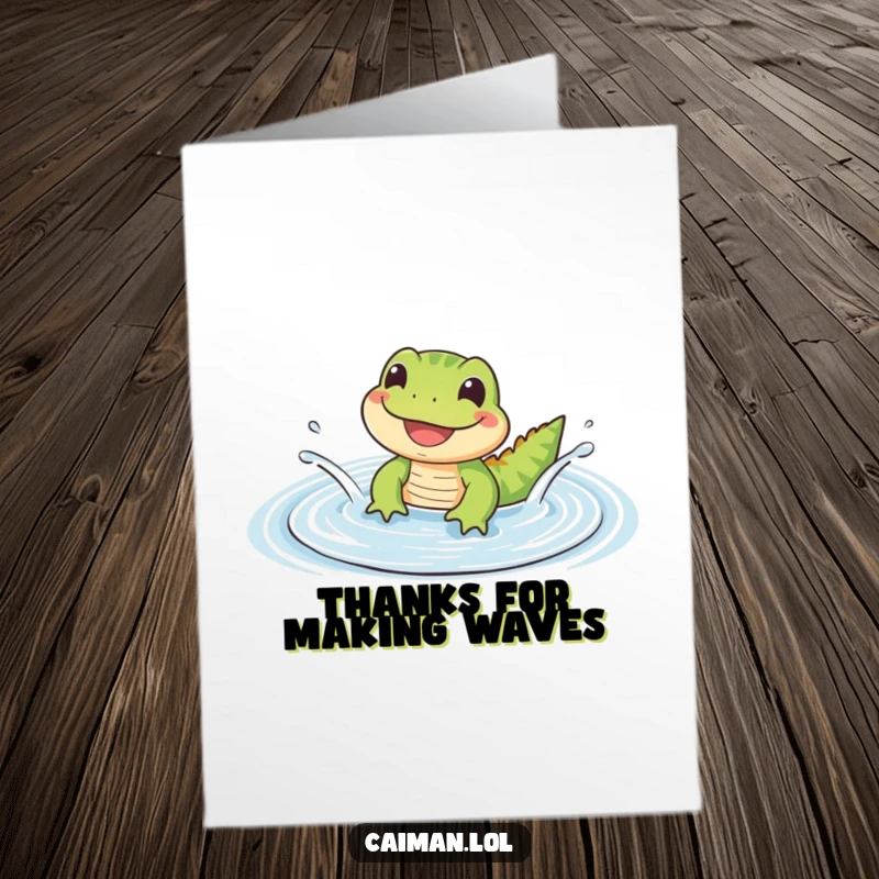 Funny Free Printable Thank You Card: Small cute reptile with a happy grin splashing in a puddle, a fun DIY thank you.