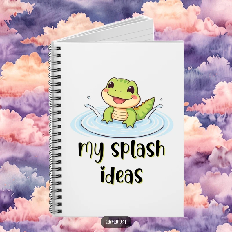 Funny Notebook featuring a small, cute reptile with a wide, happy grin splashing in a gentle, rippling puddle, perfect for notes.