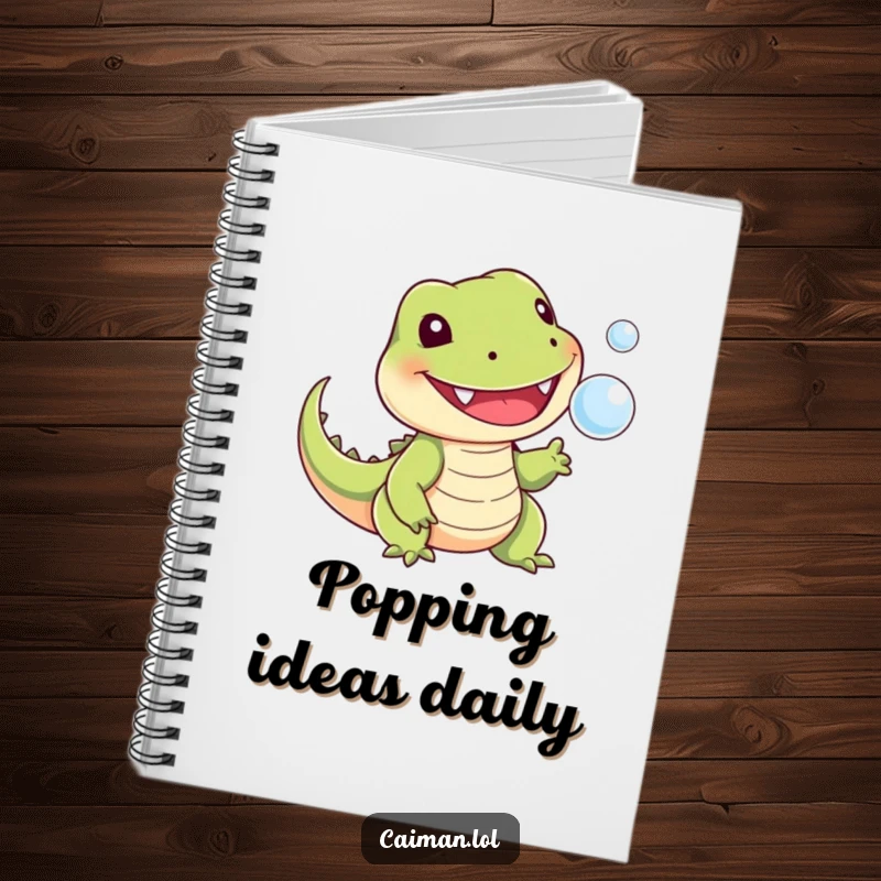 Funny notebook cover with a cheerful, toothy reptile with a stubby tail playfully snapping at a tiny floating bubble, inspiring fun ideas.