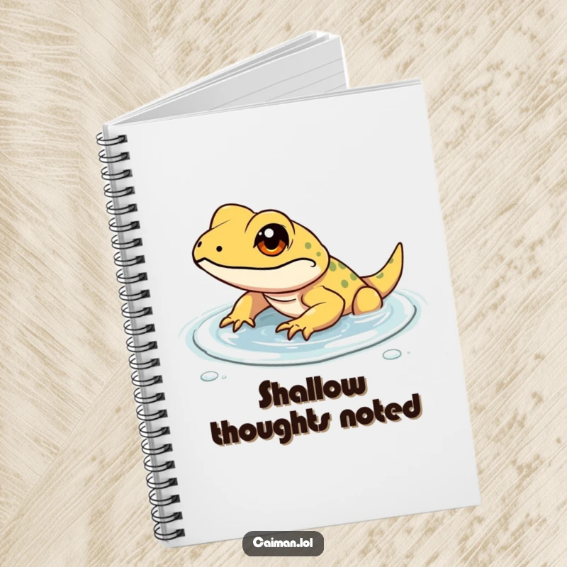 Funny notebook cover with a determined, small reptile with a focused gleam, wading through shallow, clear water, symbolizing achievement.