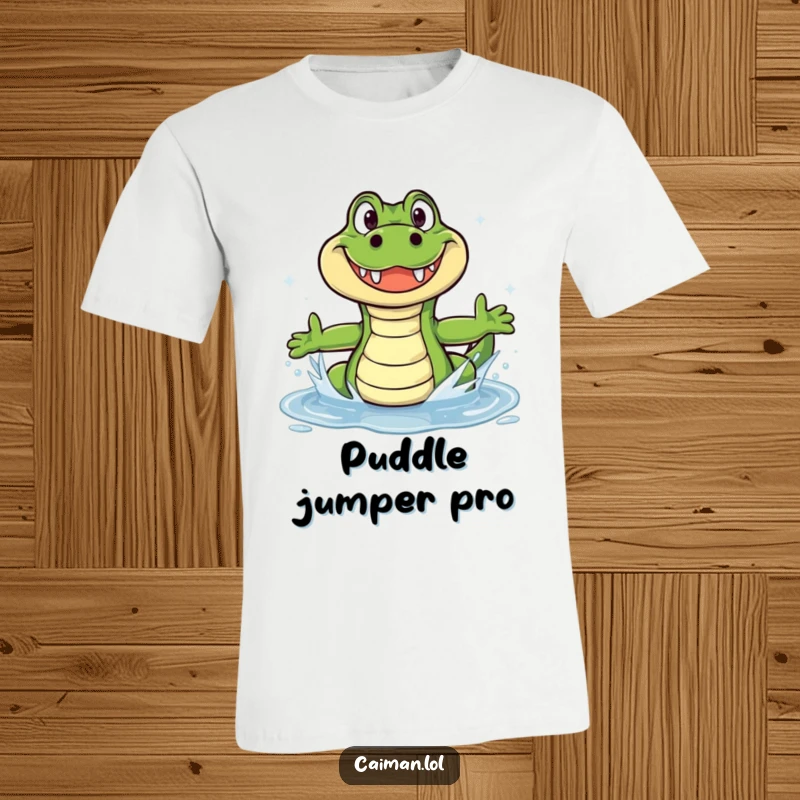 Funny Caiman T-Shirt: A hilarious caiman with a huge, friendly grin splashing exuberantly in a shimmering puddle.