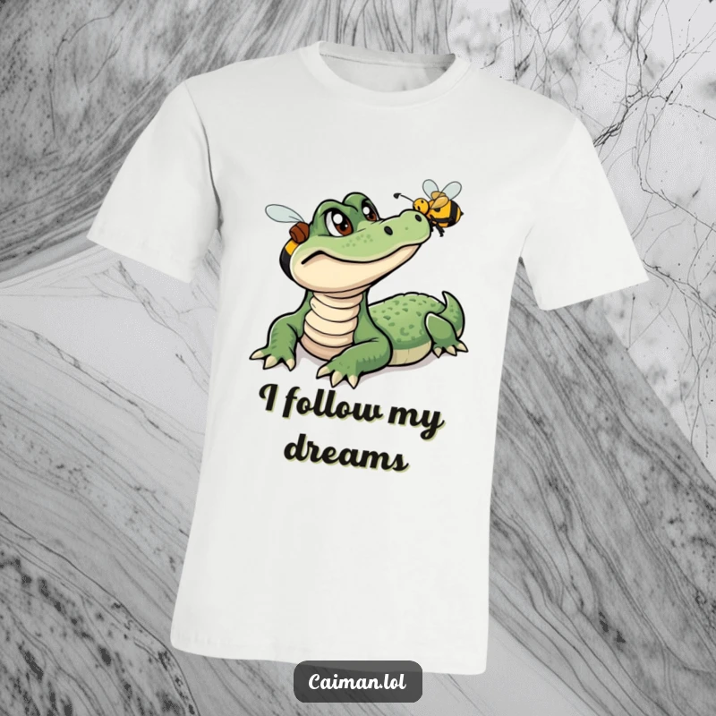 Funny Caiman T-Shirt, a humorous scene of a curious caiman with big eyes following a vibrant, buzzing bee through nature.