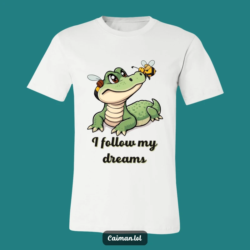 Funny Caiman Bee Chase T-Shirt: Humorous Reptile Adventure Graphic Tee Gift