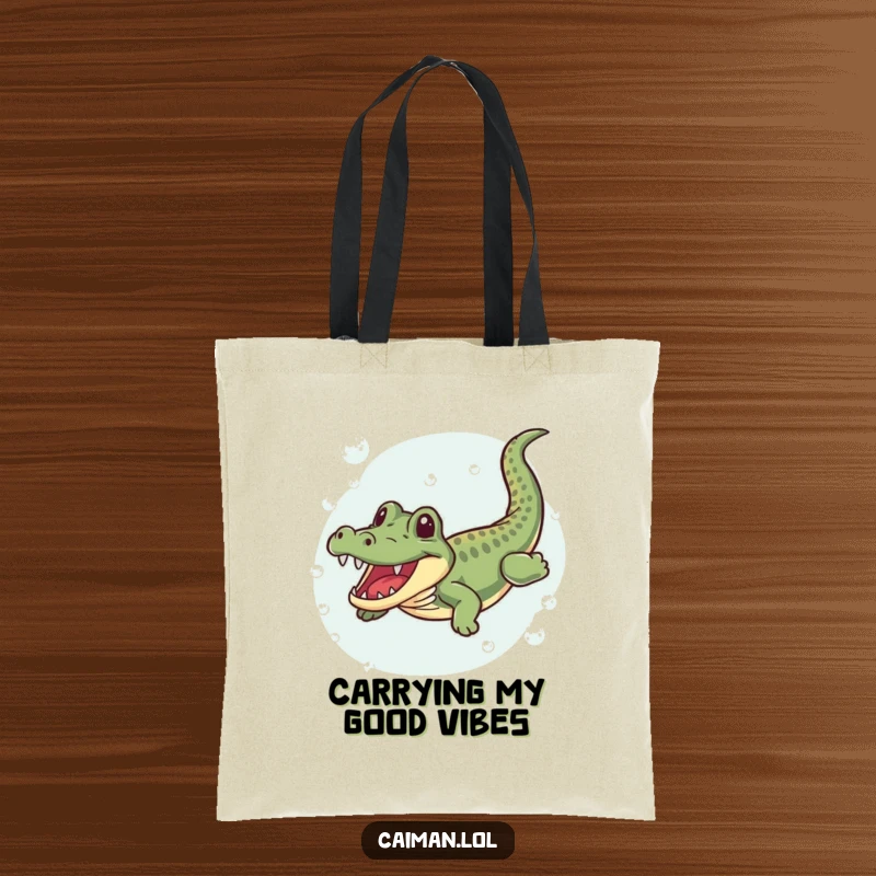 Funny Caiman Tote Bag, a practical bag featuring a happy caiman wiggling joyfully as it swims through clear, bubbly water, perfect for beach days.