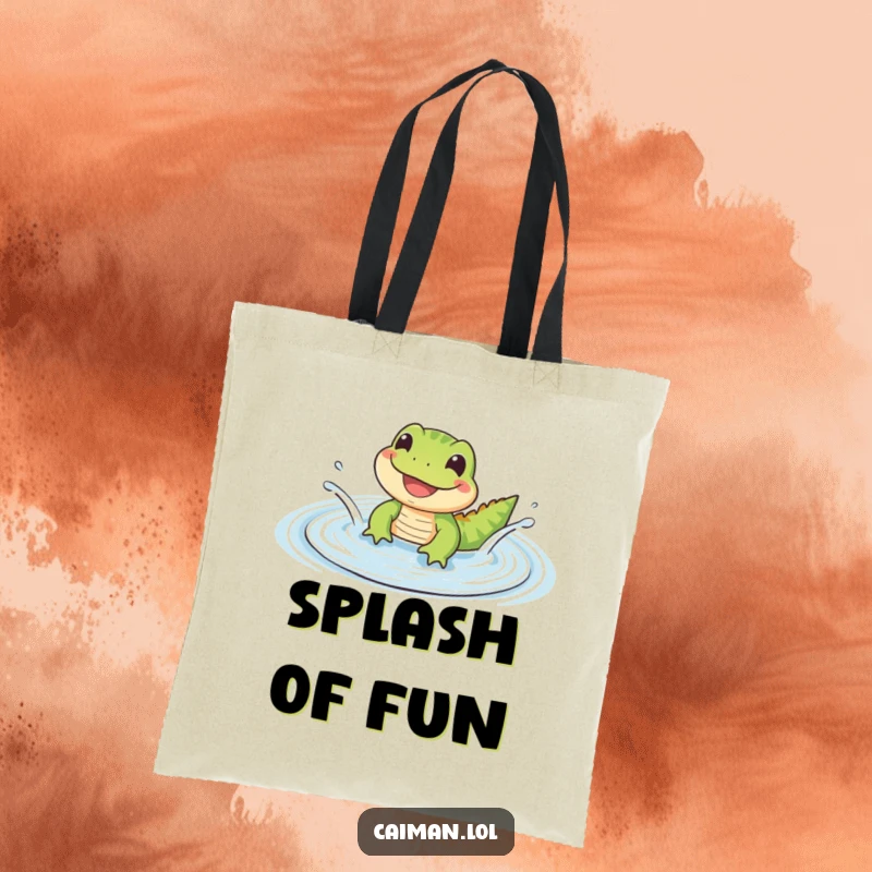 Funny Tote Bag with a small, cute reptile with a wide, happy grin splashing in a gentle, rippling puddle, ready for fun.